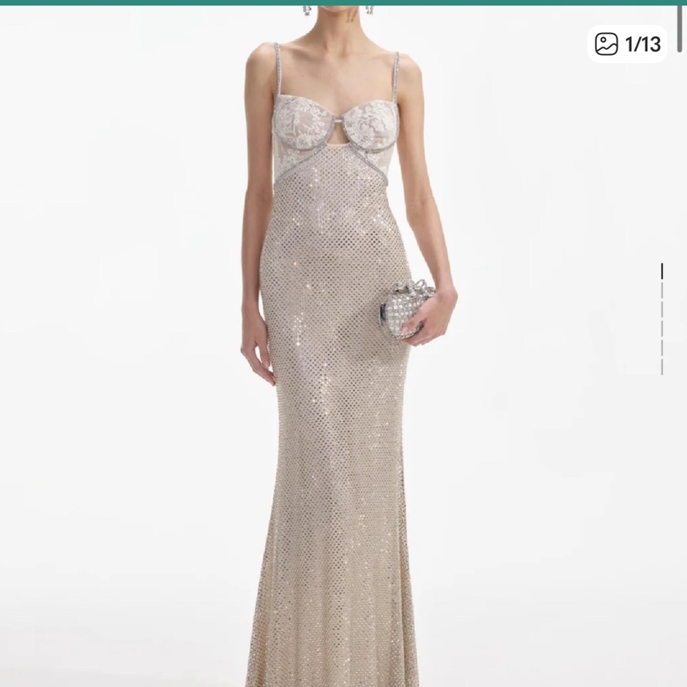 Self Portrait cream rhinestone mesh maxi dress elegant cocktail ethereal US 12